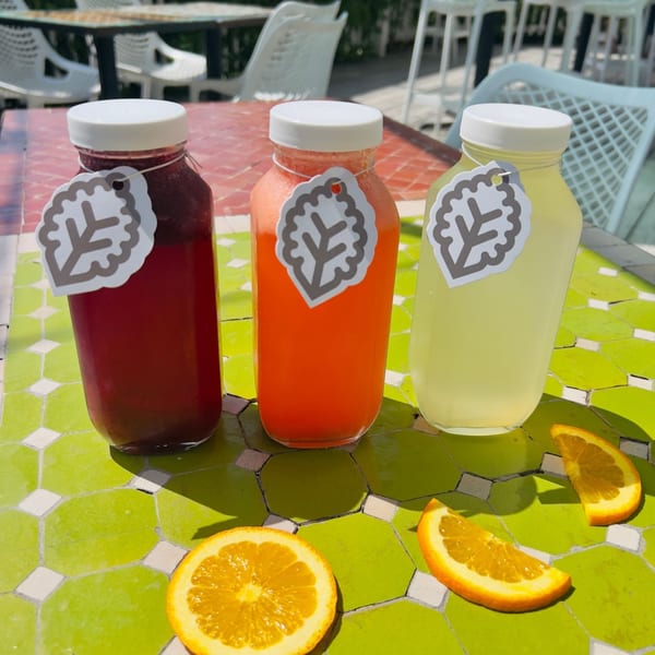 Three colorful bottled juices with leaf tags and orange slices on a green tiled outdoor table.
